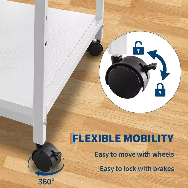 Meuble d'imprimante sous bureau, support d'imprimante à 2 niveaux avec étagère de rangement réglable en hauteur, chariot d'imprimante roulant profond de 20 pouces avec roulettes pour bureau à domicile