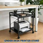 Meuble d'imprimante sous bureau, support d'imprimante à 2 niveaux avec étagère de rangement réglable en hauteur, chariot d'imprimante roulant profond de 20 pouces avec roulettes pour bureau à domicile