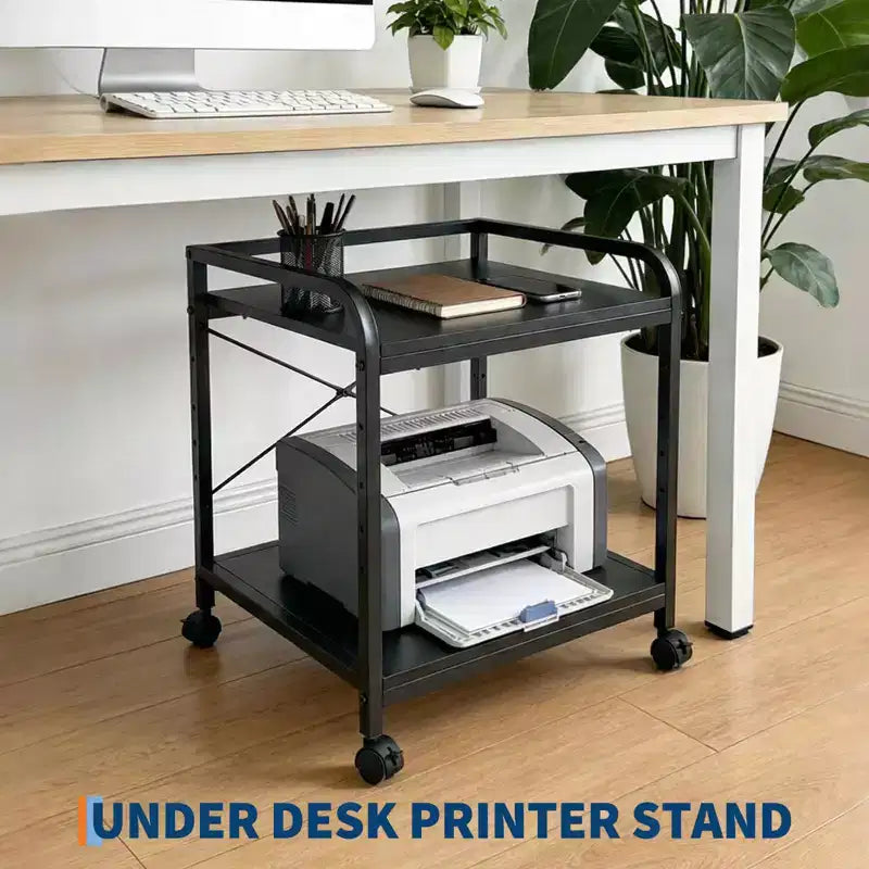Meuble d'imprimante sous bureau, support d'imprimante à 2 niveaux avec étagère de rangement réglable en hauteur, chariot d'imprimante roulant profond de 20 pouces avec roulettes pour bureau à domicile