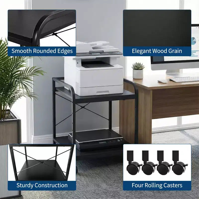 Meuble d'imprimante sous bureau, support d'imprimante à 2 niveaux avec étagère de rangement réglable en hauteur, chariot d'imprimante roulant profond de 20 pouces avec roulettes pour bureau à domicile