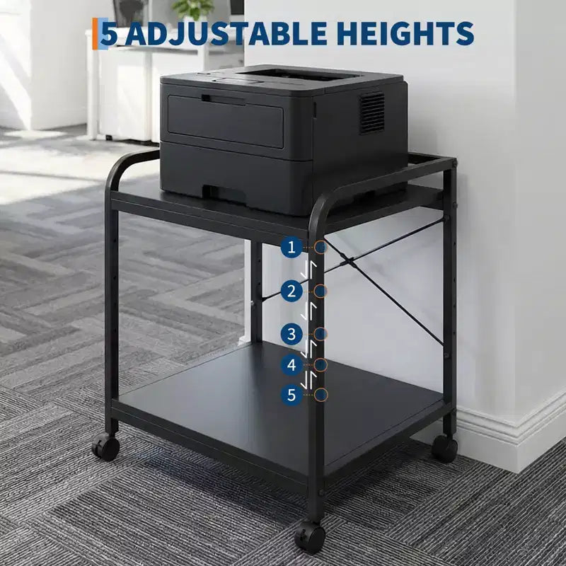 Meuble d'imprimante sous bureau, support d'imprimante à 2 niveaux avec étagère de rangement réglable en hauteur, chariot d'imprimante roulant profond de 20 pouces avec roulettes pour bureau à domicile