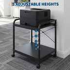 Meuble d'imprimante sous bureau, support d'imprimante à 2 niveaux avec étagère de rangement réglable en hauteur, chariot d'imprimante roulant profond de 20 pouces avec roulettes pour bureau à domicile