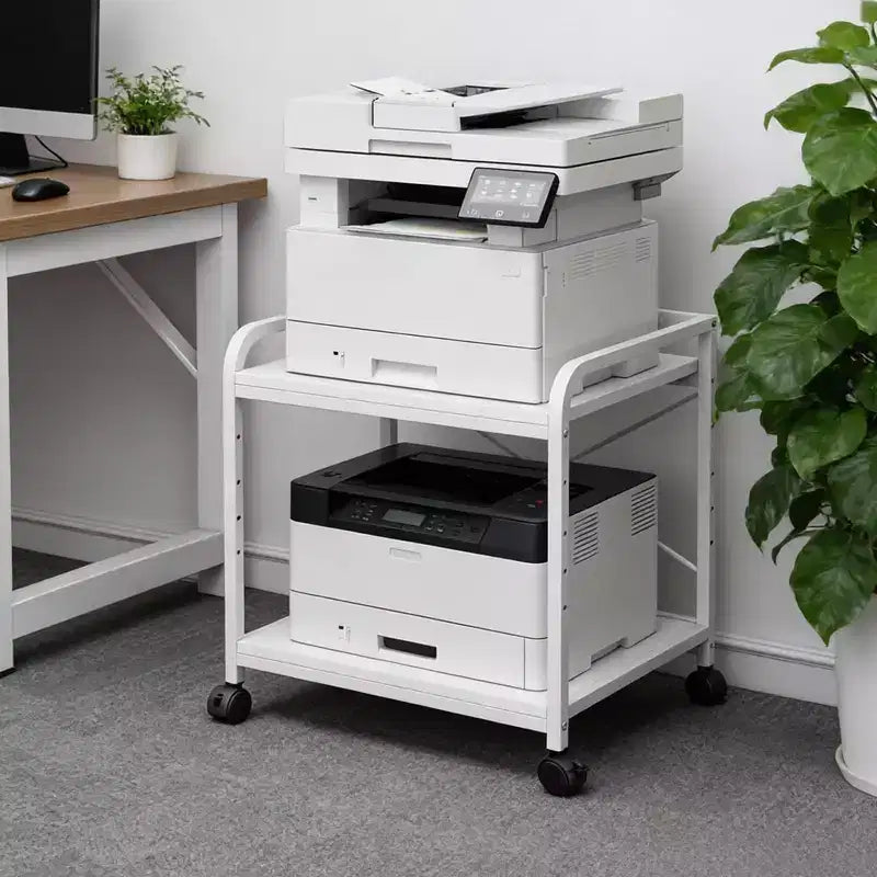 Meuble d'imprimante sous bureau, support d'imprimante à 2 niveaux avec étagère de rangement réglable en hauteur, chariot d'imprimante roulant profond de 20 pouces avec roulettes pour bureau à domicile