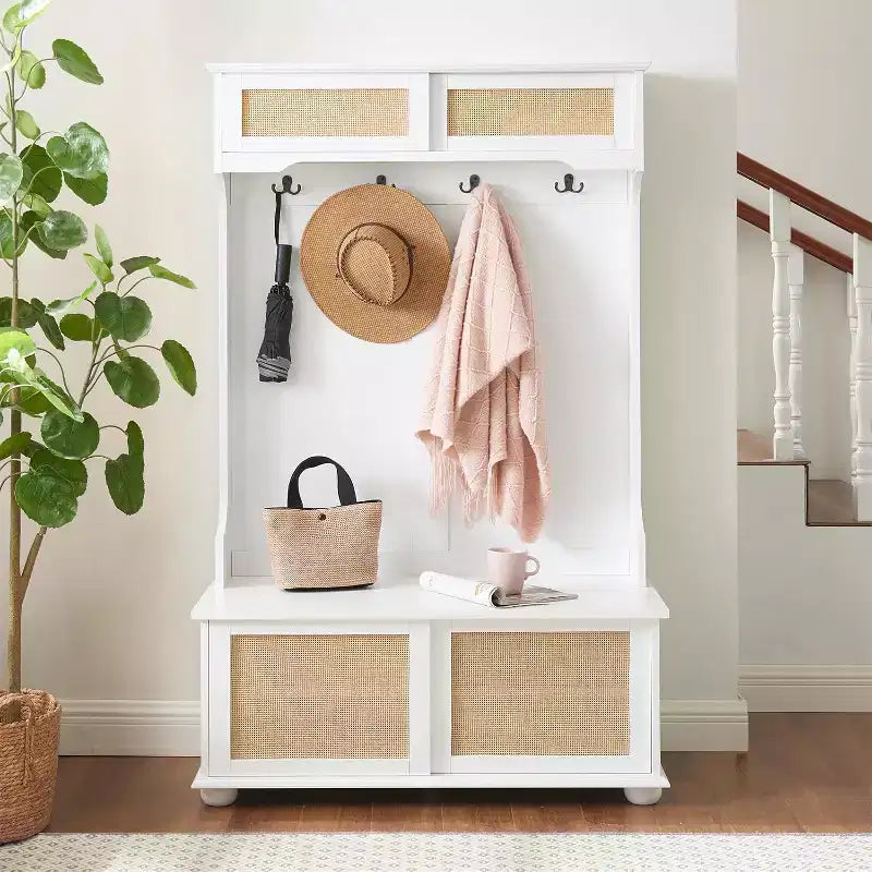 Hall Tree with Bench, Casual Style Entryway Organizer with Rattan Door Shoe Cabinet, Solid Wood Legs, 40.16x18.58x64.17in, for Entryway Mudroom