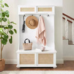 Hall Tree with Bench, Casual Style Entryway Organizer with Rattan Door Shoe Cabinet, Solid Wood Legs, 40.16x18.58x64.17in, for Entryway Mudroom