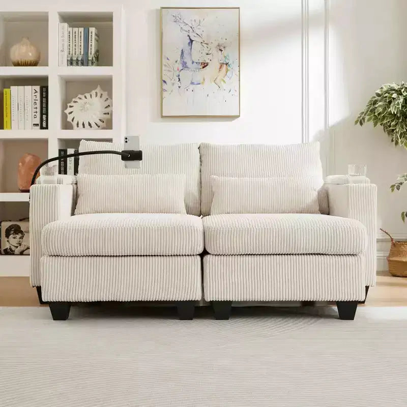 MAYEERTY Canapé convertible en velours côtelé avec deux porte-gobelets pour salon, beige