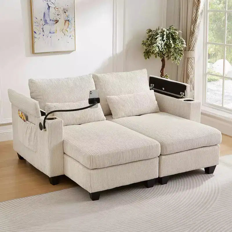MAYEERTY Canapé convertible en velours côtelé avec deux porte-gobelets pour salon, beige
