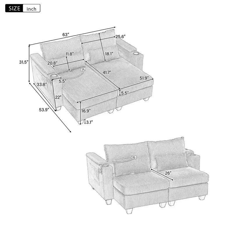 MAYEERTY Canapé convertible en velours côtelé avec deux porte-gobelets pour salon, beige