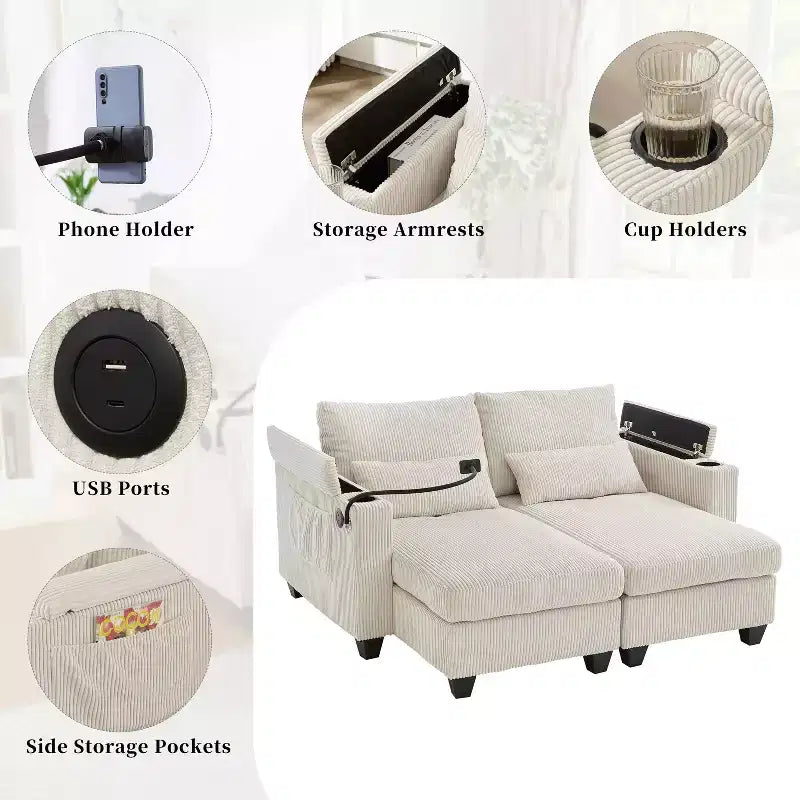 MAYEERTY Canapé convertible en velours côtelé avec deux porte-gobelets pour salon, beige
