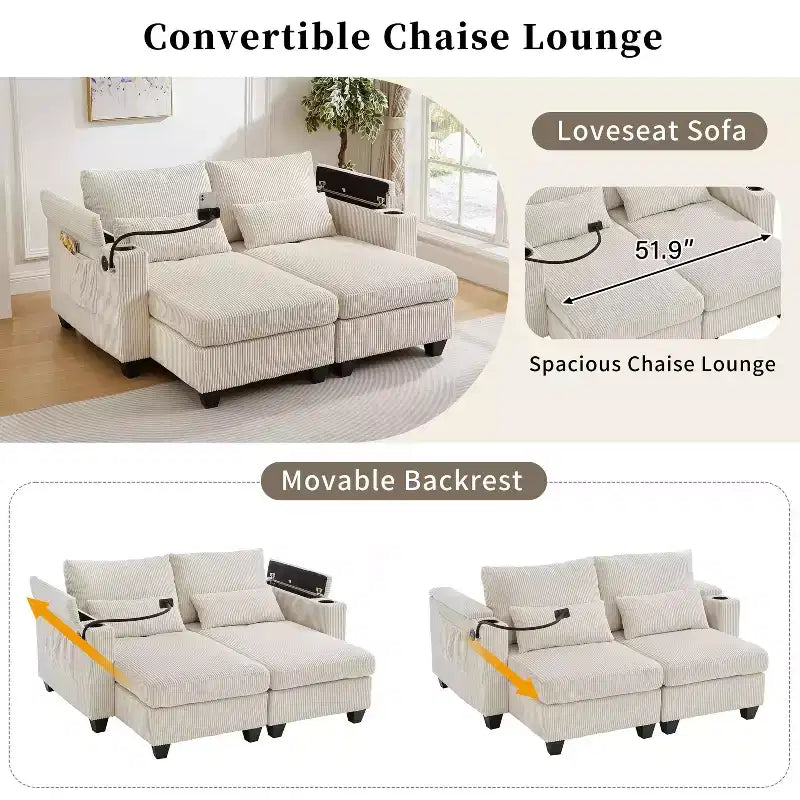 MAYEERTY Canapé convertible en velours côtelé avec deux porte-gobelets pour salon, beige