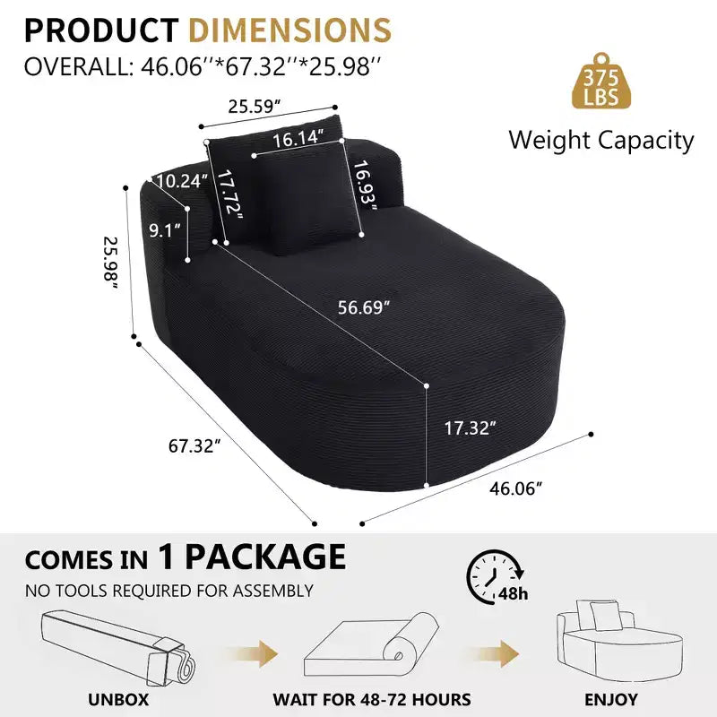 67,5 Pouces Chaise Longue en Velours Côtelé, Siège Large, Fauteuil King avec Assise Profonde et 2 Oreillers, Canapé-Lit Convertible Sans Cadre pour Salon