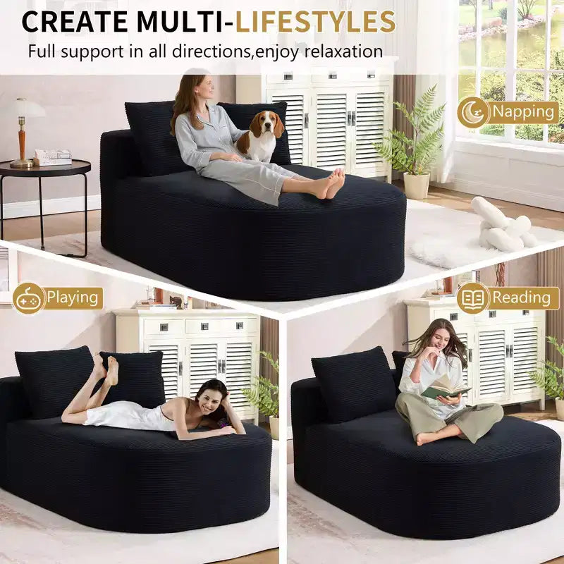 67,5 Pouces Chaise Longue en Velours Côtelé, Siège Large, Fauteuil King avec Assise Profonde et 2 Oreillers, Canapé-Lit Convertible Sans Cadre pour Salon
