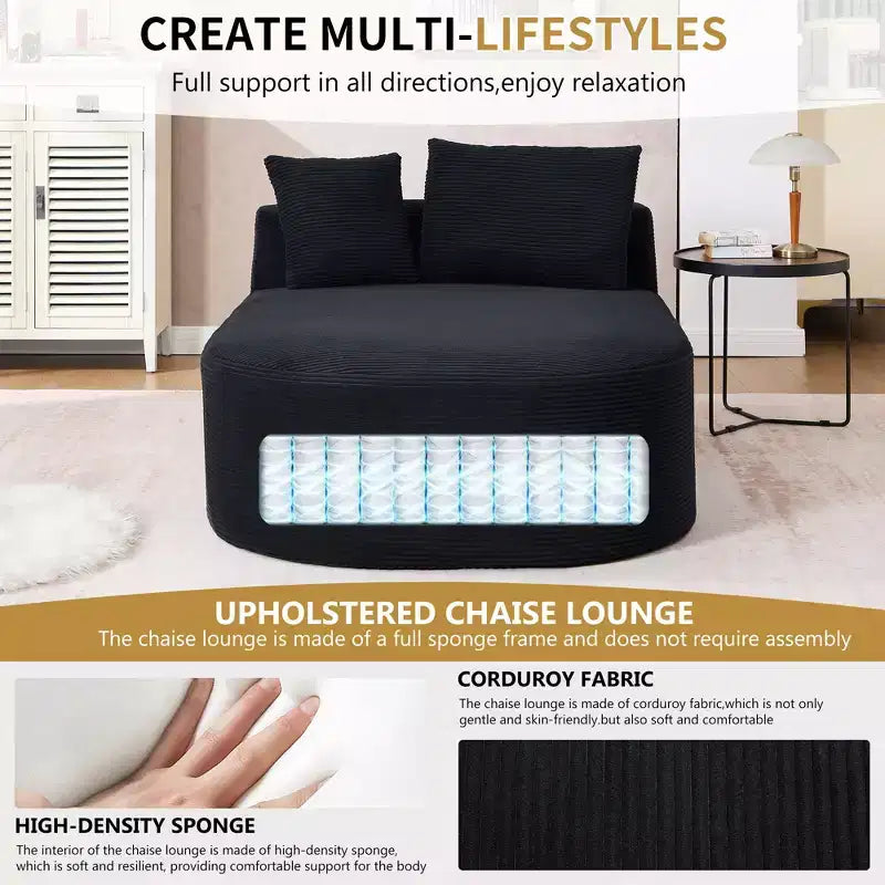 67,5 Pouces Chaise Longue en Velours Côtelé, Siège Large, Fauteuil King avec Assise Profonde et 2 Oreillers, Canapé-Lit Convertible Sans Cadre pour Salon