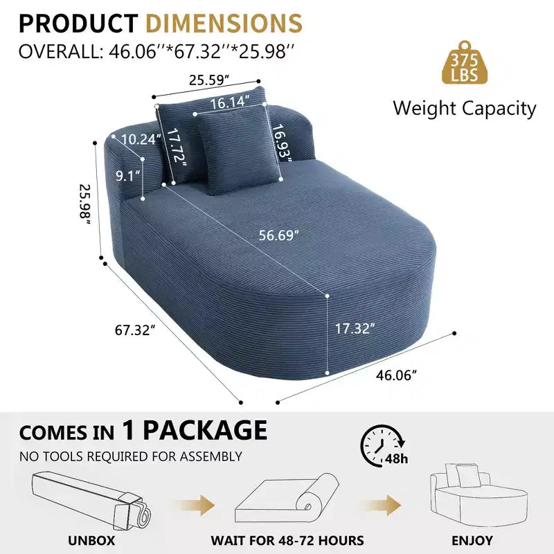 67,5 Pouces Chaise Longue en Velours Côtelé, Siège Large, Fauteuil King avec Assise Profonde et 2 Oreillers, Canapé-Lit Convertible Sans Cadre pour Salon