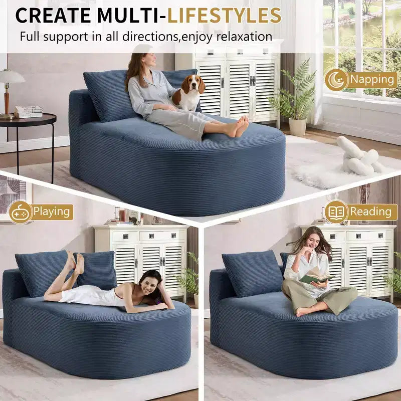 67,5 Pouces Chaise Longue en Velours Côtelé, Siège Large, Fauteuil King avec Assise Profonde et 2 Oreillers, Canapé-Lit Convertible Sans Cadre pour Salon