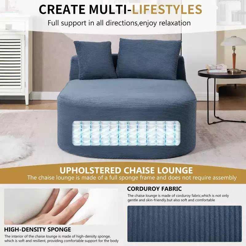 67,5 Pouces Chaise Longue en Velours Côtelé, Siège Large, Fauteuil King avec Assise Profonde et 2 Oreillers, Canapé-Lit Convertible Sans Cadre pour Salon