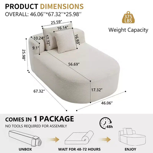 67,5 Pouces Chaise Longue en Velours Côtelé, Siège Large, Fauteuil King avec Assise Profonde et 2 Oreillers, Canapé-Lit Convertible Sans Cadre pour Salon