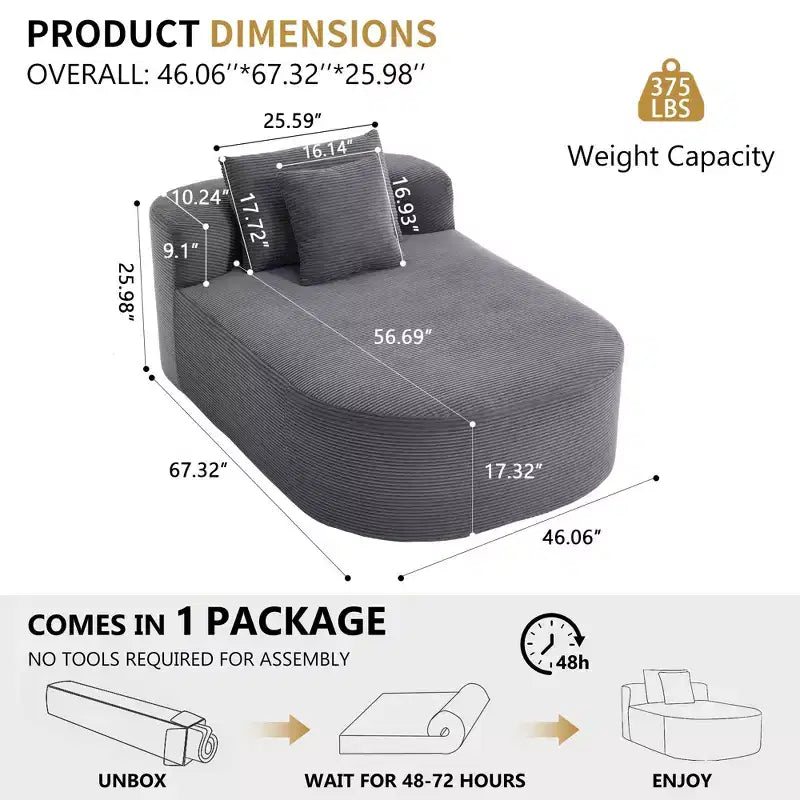 67,5 Pouces Chaise Longue en Velours Côtelé, Siège Large, Fauteuil King avec Assise Profonde et 2 Oreillers, Canapé-Lit Convertible Sans Cadre pour Salon