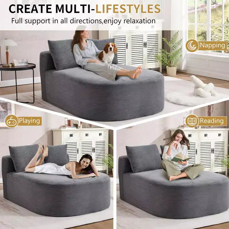 67,5 Pouces Chaise Longue en Velours Côtelé, Siège Large, Fauteuil King avec Assise Profonde et 2 Oreillers, Canapé-Lit Convertible Sans Cadre pour Salon