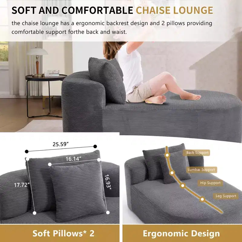 67,5 Pouces Chaise Longue en Velours Côtelé, Siège Large, Fauteuil King avec Assise Profonde et 2 Oreillers, Canapé-Lit Convertible Sans Cadre pour Salon
