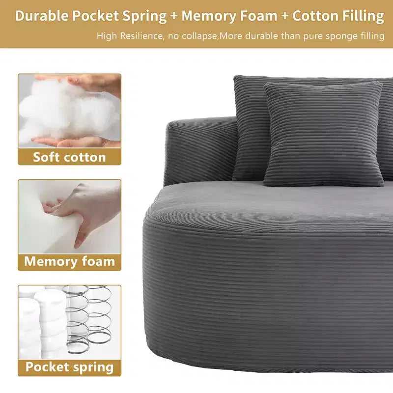 67,5 Pouces Chaise Longue en Velours Côtelé, Siège Large, Fauteuil King avec Assise Profonde et 2 Oreillers, Canapé-Lit Convertible Sans Cadre pour Salon