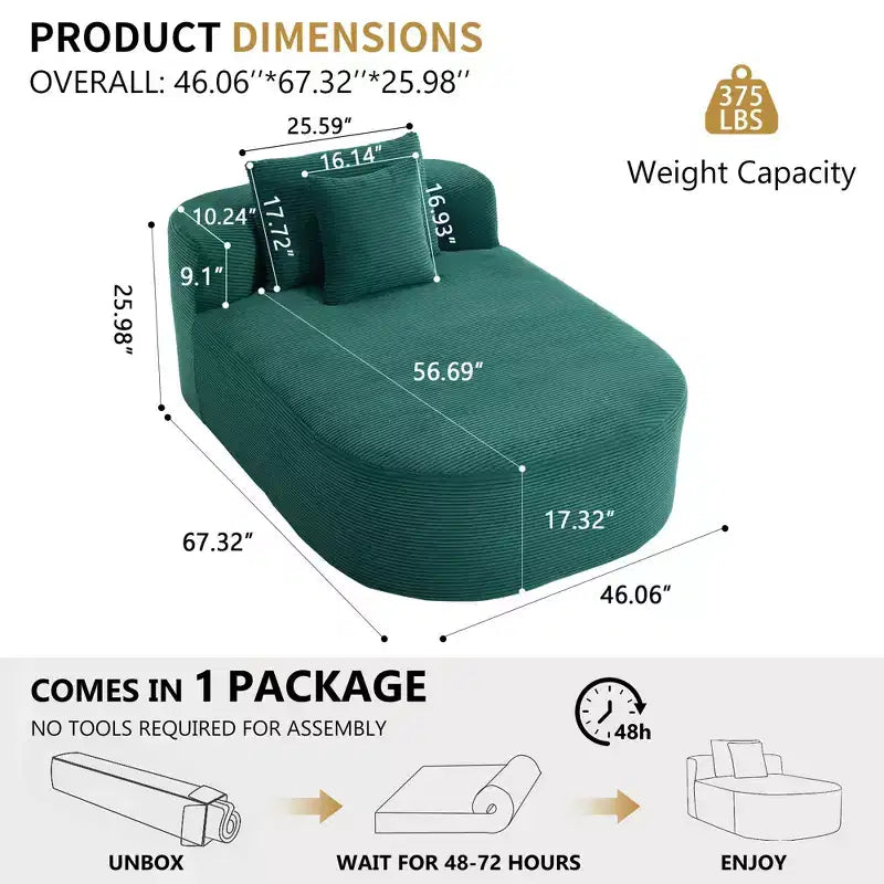 67,5 Pouces Chaise Longue en Velours Côtelé, Siège Large, Fauteuil King avec Assise Profonde et 2 Oreillers, Canapé-Lit Convertible Sans Cadre pour Salon