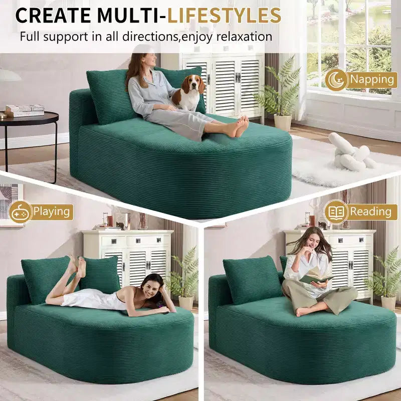 67,5 Pouces Chaise Longue en Velours Côtelé, Siège Large, Fauteuil King avec Assise Profonde et 2 Oreillers, Canapé-Lit Convertible Sans Cadre pour Salon