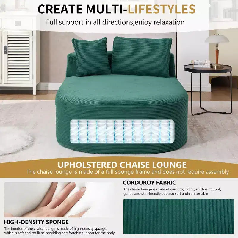 67,5 Pouces Chaise Longue en Velours Côtelé, Siège Large, Fauteuil King avec Assise Profonde et 2 Oreillers, Canapé-Lit Convertible Sans Cadre pour Salon