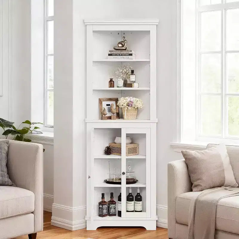 Meuble d'angle avec portes vitrées, étagères réglables Meuble de rangement autoportant haut pour salle de bain et cuisine pour petits espaces, organiseur moderne blanc