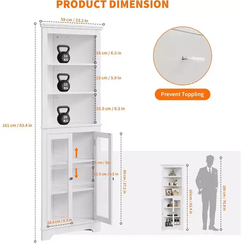 Meuble d'angle avec portes vitrées, étagères réglables Meuble de rangement autoportant haut pour salle de bain et cuisine pour petits espaces, organiseur moderne blanc