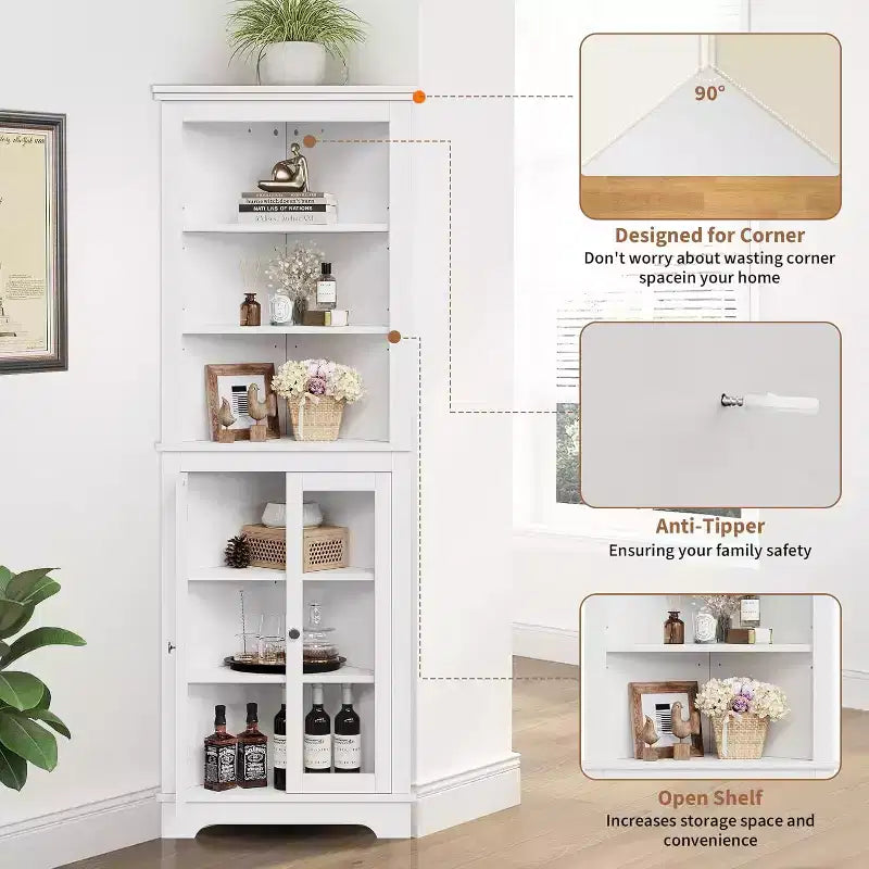 Meuble d'angle avec portes vitrées, étagères réglables Meuble de rangement autoportant haut pour salle de bain et cuisine pour petits espaces, organiseur moderne blanc