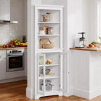 Meuble d'angle avec portes vitrées, étagères réglables Meuble de rangement autoportant haut pour salle de bain et cuisine pour petits espaces, organiseur moderne blanc