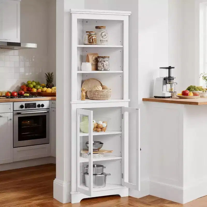 Meuble d'angle avec portes vitrées, étagères réglables Meuble de rangement autoportant haut pour salle de bain et cuisine pour petits espaces, organiseur moderne blanc