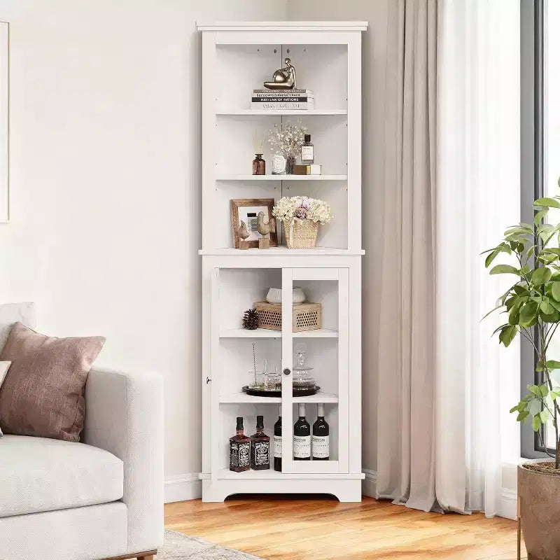 Meuble d'angle avec portes vitrées, étagères réglables Meuble de rangement autoportant haut pour salle de bain et cuisine pour petits espaces, organiseur moderne blanc