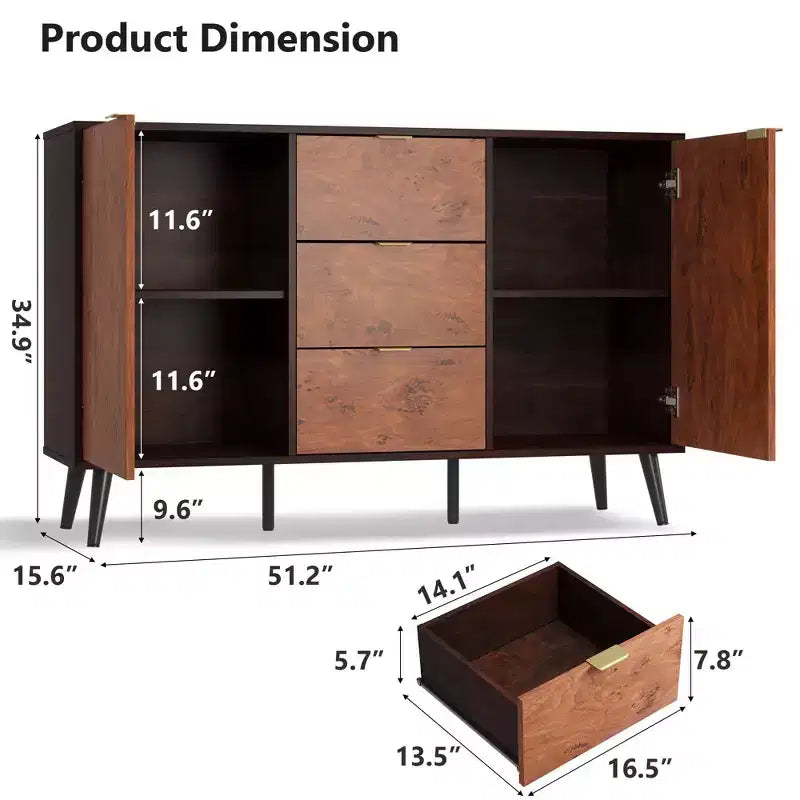 51,2 Buffet en noyer avec tiroirs - Buffet style mid-century pour salle à manger ou entrée