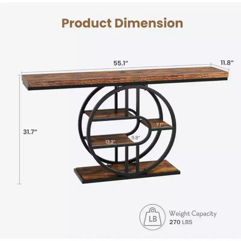 Table console industrielle de 55" avec 5 niveaux de rangement - Cadre en métal en O pour couloir et salon