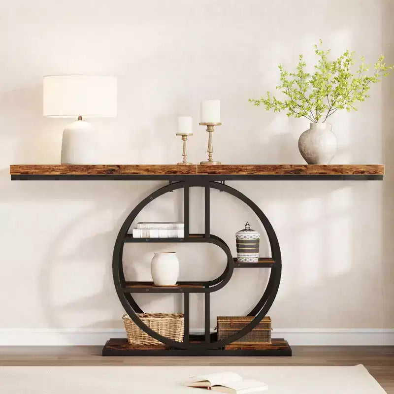 Table console industrielle de 55" avec 5 niveaux de rangement - Cadre en métal en O pour couloir et salon