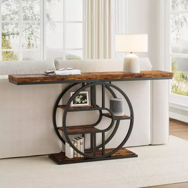 Table console industrielle de 55" avec 5 niveaux de rangement - Cadre en métal en O pour couloir et salon