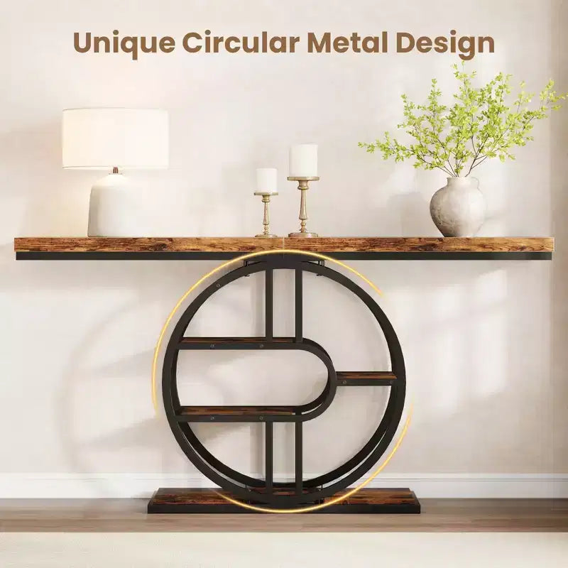 Table console industrielle de 55" avec 5 niveaux de rangement - Cadre en métal en O pour couloir et salon