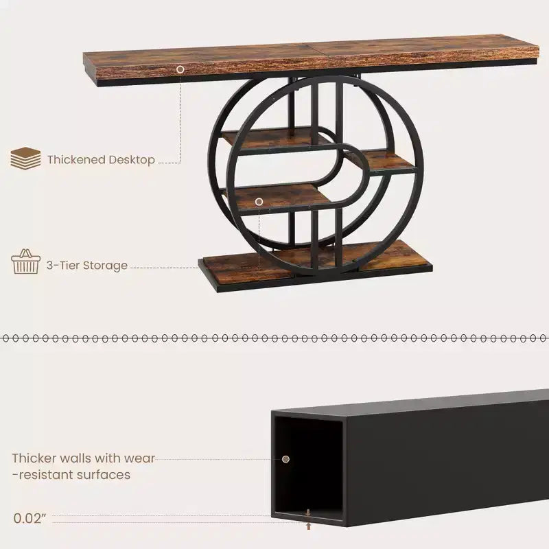 Table console industrielle de 55" avec 5 niveaux de rangement - Cadre en métal en O pour couloir et salon