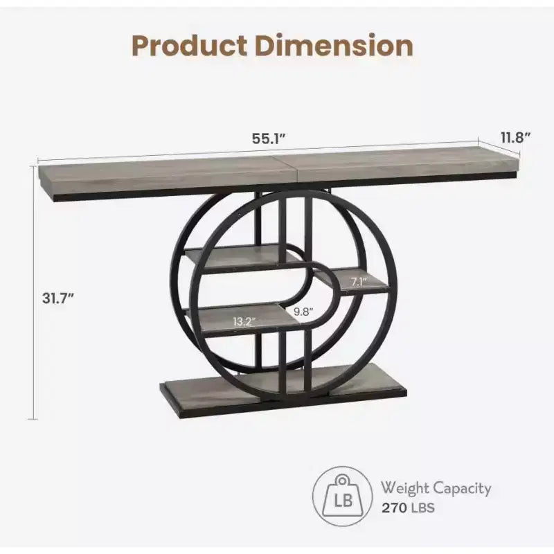 Table console industrielle de 55" avec 5 niveaux de rangement - Cadre en métal en O pour couloir et salon