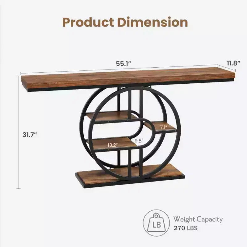 Table console industrielle de 55" avec 5 niveaux de rangement - Cadre en métal en O pour couloir et salon