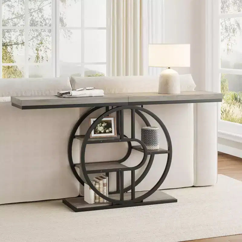 Table console industrielle de 55" avec 5 niveaux de rangement - Cadre en métal en O pour couloir et salon