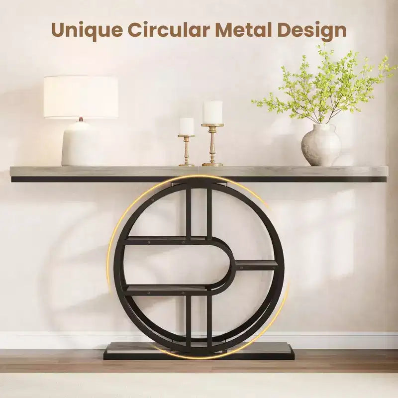 Table console industrielle de 55" avec 5 niveaux de rangement - Cadre en métal en O pour couloir et salon