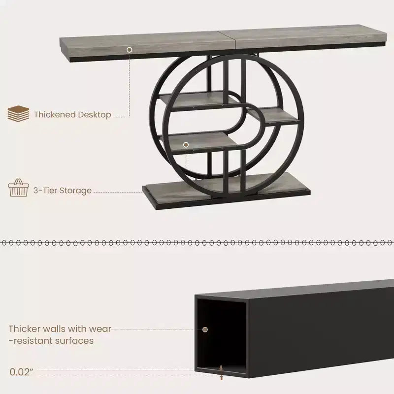 Table console industrielle de 55" avec 5 niveaux de rangement - Cadre en métal en O pour couloir et salon