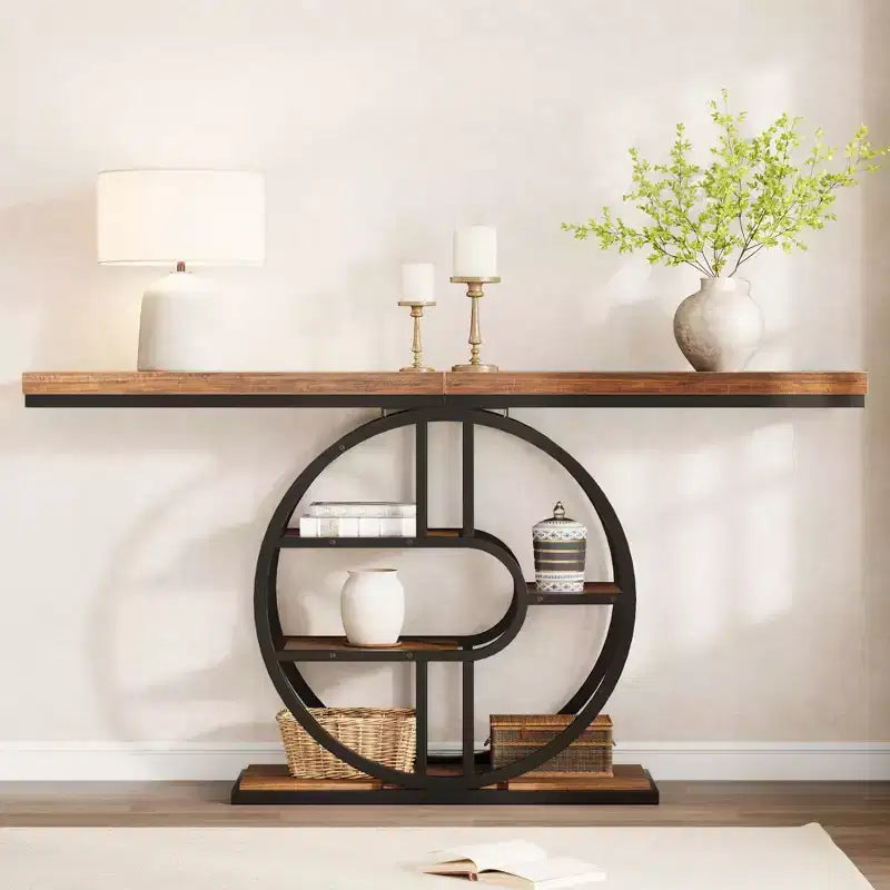 Table console industrielle de 55" avec 5 niveaux de rangement - Cadre en métal en O pour couloir et salon