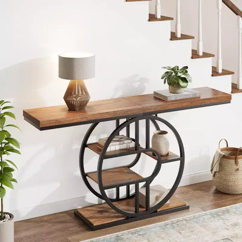 55 Industrial Entryway Table with 5-Tier Storage - O-Shaped Metal Frame Console for Hallway Living Room