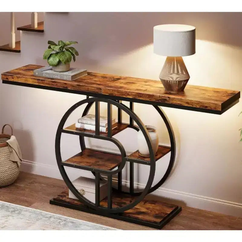 Table console industrielle de 55" avec 5 niveaux de rangement - Cadre en métal en O pour couloir et salon