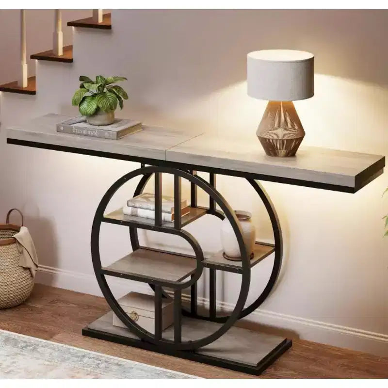 Table console industrielle de 55" avec 5 niveaux de rangement - Cadre en métal en O pour couloir et salon