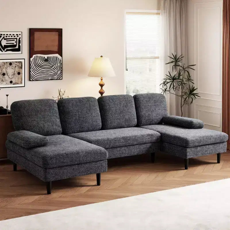 Canapé d'angle en U avec double chaise longue en tissu chenille, 4 places, meuble de salon